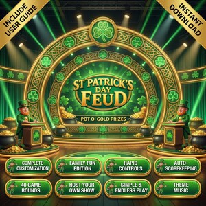 Könnte beinhalten: Digitales Spiel-Interface für St. Patrick's Day, mit grünem und goldenem Design. Das Spiel heißt "St. Patrick's Day Feud" mit dem Slogan "Pot O' Gold Prizes". Es umfasst Funktionen wie Anpassung, Familienspaß, schnelle Steuerung, automatische Punktevergabe, 40 Spielrunden und Themenmusik.