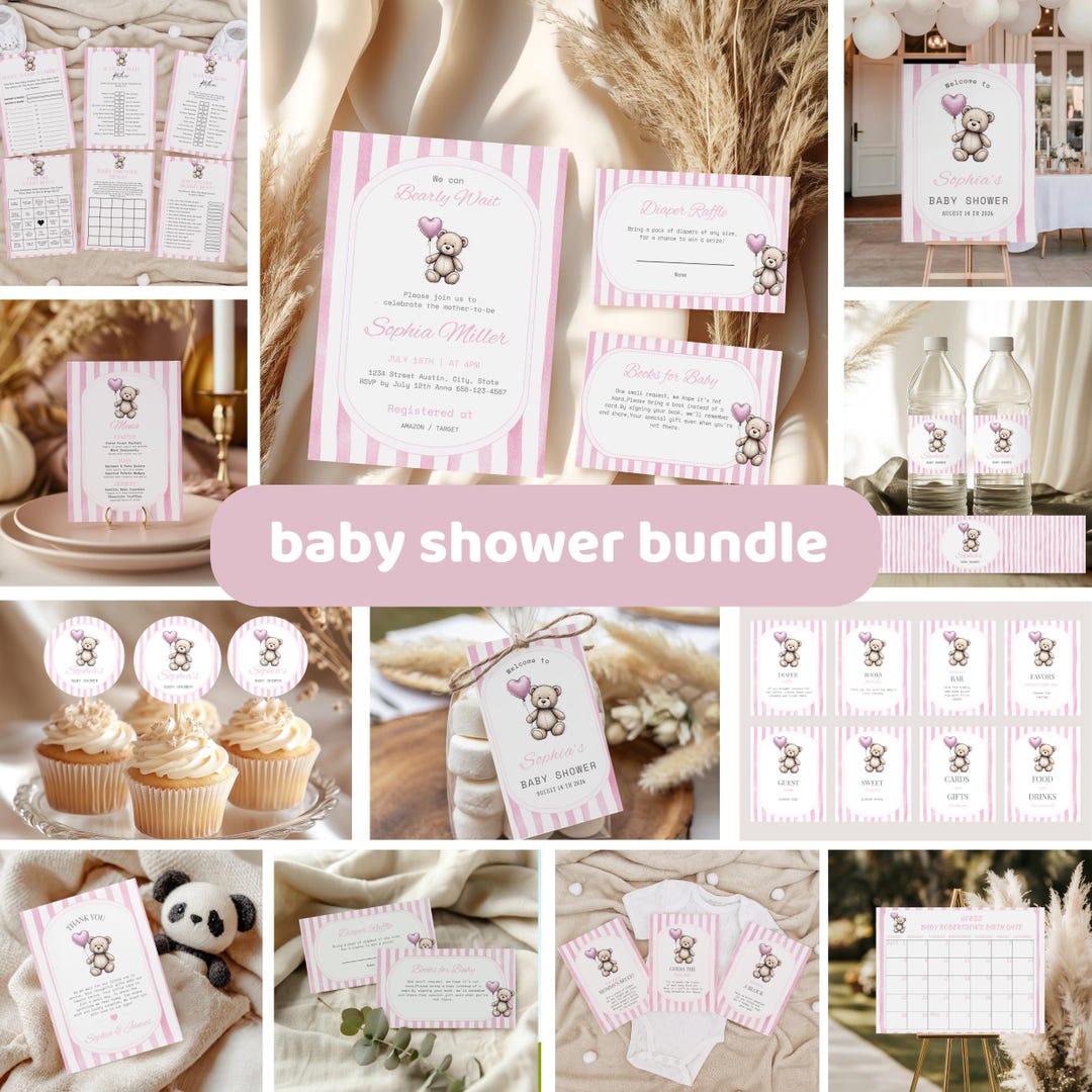 Pink Teddy Bear Baby Shower Bundle, Editable Canva (digital Download ...