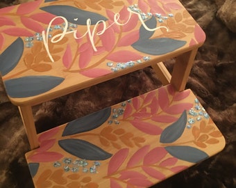 Stepstool, Hand Painted Floral and Glitter Step Stool, Kids' Wooden Stepstool