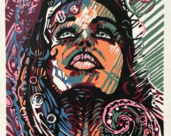 Baby a 6 color Reduction Linocut