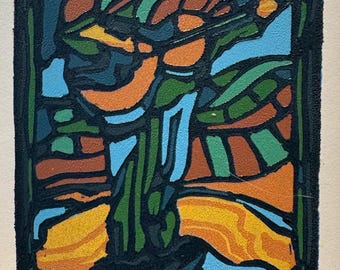 The Musician, a 6 color Reduction Linocut