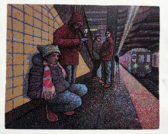 Unexpected News on the Platform, 10-color Reduction Linocut