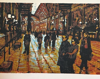 Wandering the Louvre, this is a 7-color Reduction Linocut