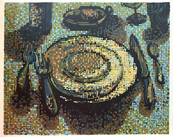 French Dinner 9 color Reduction Linocut