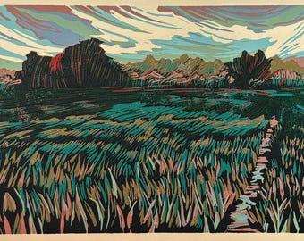 Carolina Fields 8 color Reduction Linocut
