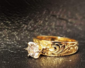 Hawaiian Heirloom 3/4 ct CZ ring 14ky gold cutout tapered design plumeria flowers ring #5 to #10