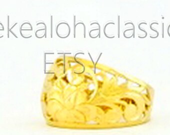 18mm Hawaiian Heirloom Tapered Ring 14k gold Hibiscus flower Scroll Black Borders or gold edge size #5 to #11
