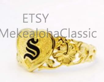 10mm 14k Gold Hawaiian Heirloom Enamel Carved cutout Heart Ring size#9.75