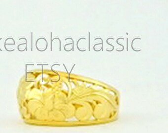 12mm Hawaiian Heirloom Tapered Ring 14k gold Hibiscus flower cutout Scroll Black Borders or gold edge size #5 to #11