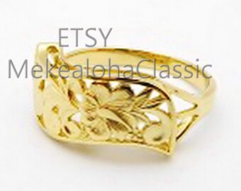 8mm Hibiscus flower cutout scroll Hawaiian Heirloom Wave style  ring 14k gold edge or Black enamel border  Ring #5 to size#10