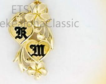 14k gold 29mm x 15mm Hawaiian Heirloom Initial Monogram Black Old English Enamel Letter Double Heart Pendant