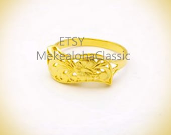 6mm Hawaiian Heirloom Cutout Hibiscus scroll  Wave style Ring 14k Gold edge or Black enamel border Size #5 to #10