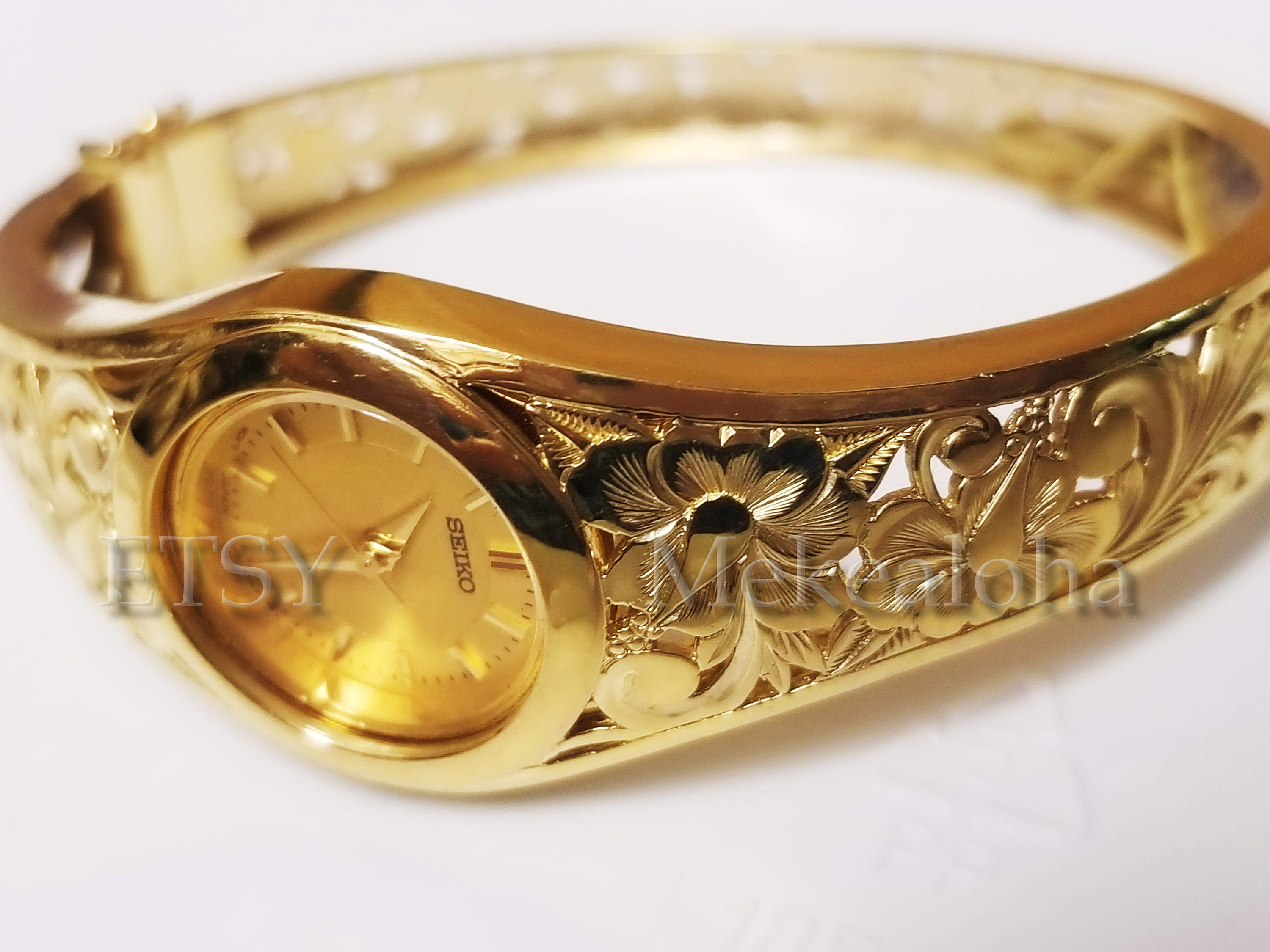 Round 14k Gold Hinge Bangle Watch Hawaiian Hibiscus Flower