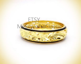 6mm Hawaiian Heirloom Dome cutout Ring 14k gold Hibiscus  flower Scroll w Black Borders or gold edge ring #5 to #12