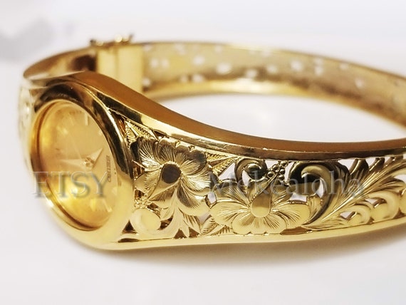 アクセサリー Vintage archive design bangle watch Round 14k Gold Hinge Bangle Watch Hawaiian Hibiscus Flower