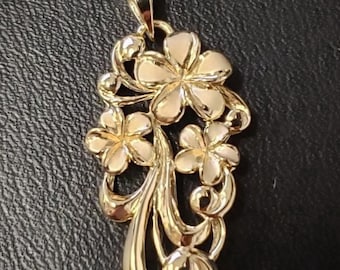 3 Plumeria Cutout Scroll Pendant Triple flower 14k Gold Heirloom Design