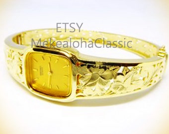 Cushion shaped 14k gold Hinge Bangle Watch Hawaiian Hibiscus Flower style Cutout Seiko Movement