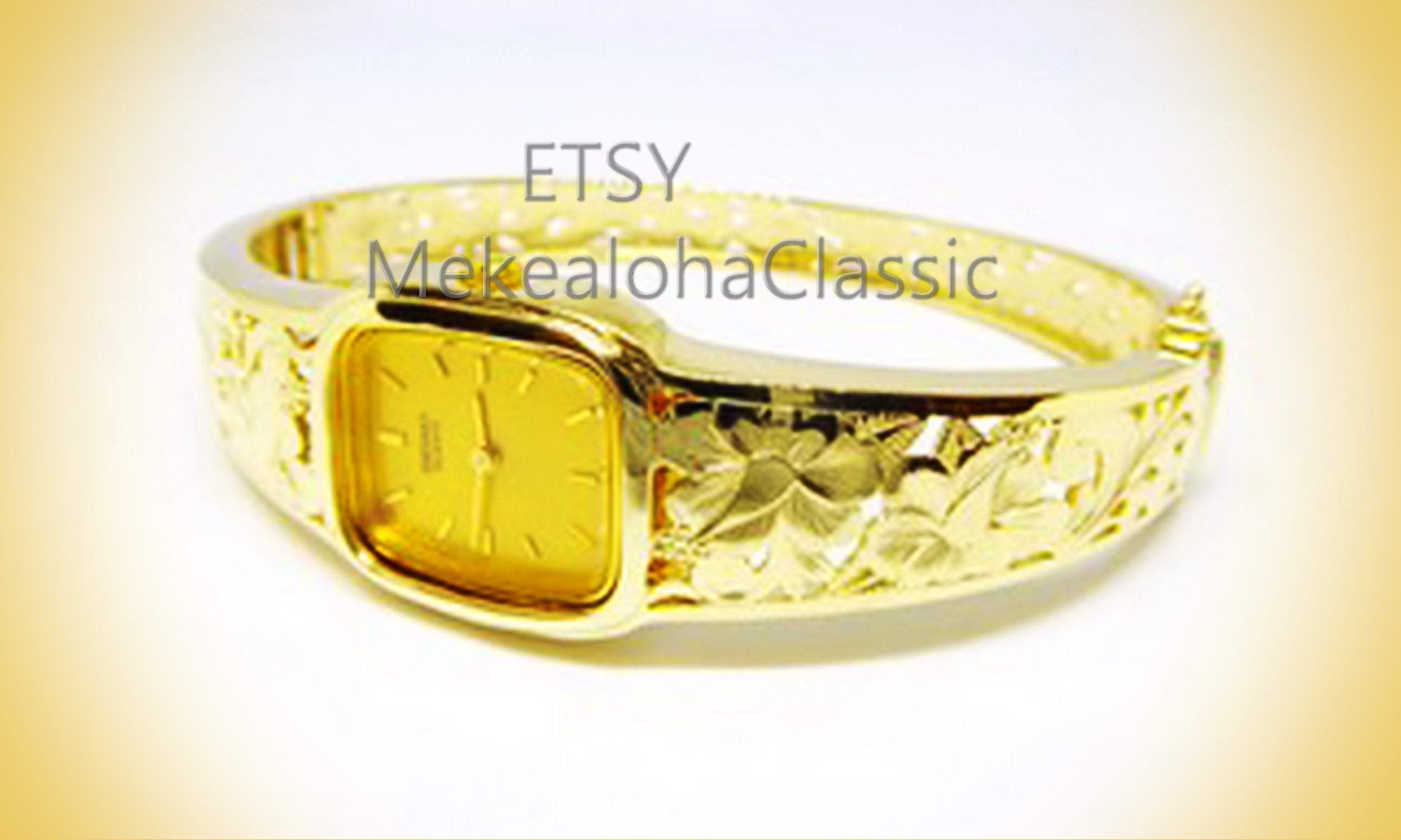 Round 14k Gold Hinge Bangle Watch Hawaiian Hibiscus Flower 