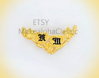 14k gold  Hawaiian Heirloom Initial Monogram Black Old English Enamel Letter Double Heart Plumeria flower Slide 21mm x 40mm