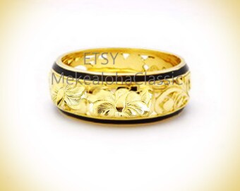 8mm Hawaiian Heirloom Dome Cutout ring 14ky gold  Hibiscus  flowers w Black  Enamel Border or gold edge