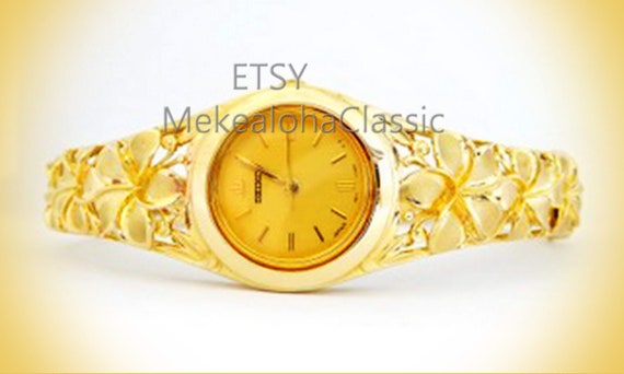 14k Gold Hinge Sectional Watch Hawaiian Plumeria Flower Style
