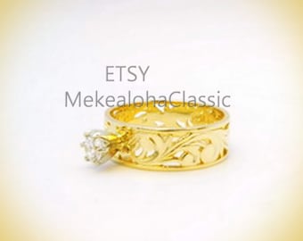 Hawaiian Heirloom 3/4 ct CZ ring 14ky gold cutout design Hibiscus flower ring #5 to #10