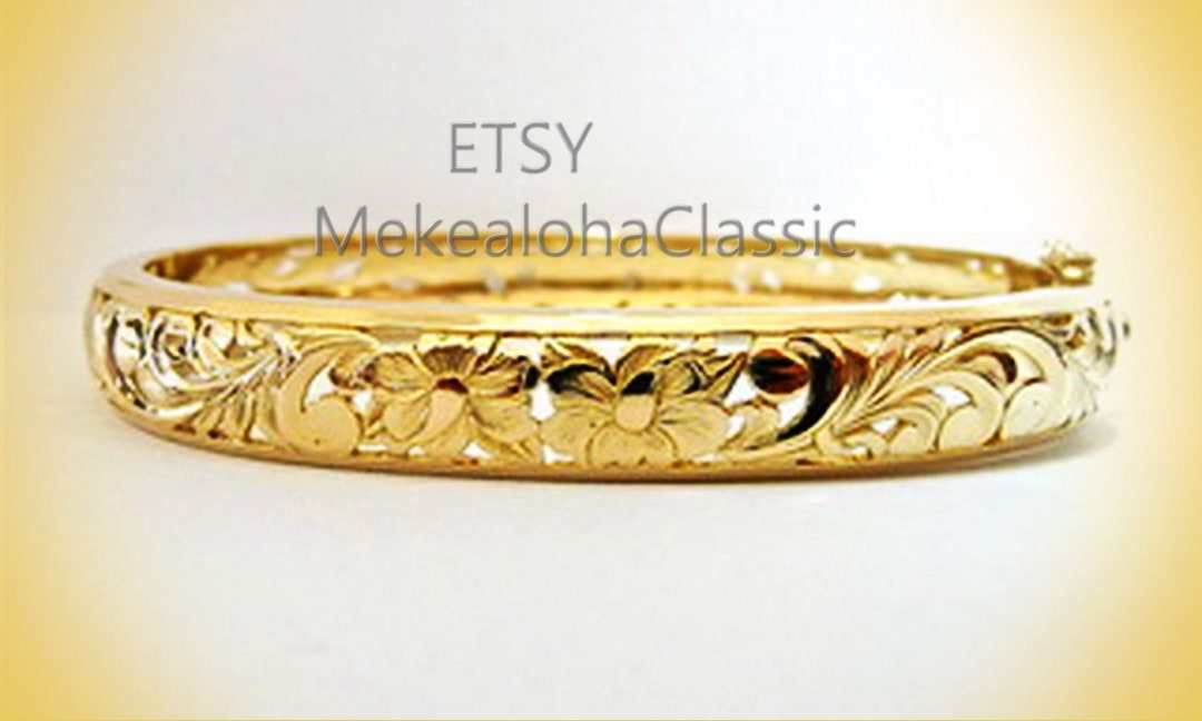 14k Gold Hawaiian Heirloom Bracelet 12mm Dome Hinged Cutout Etsy