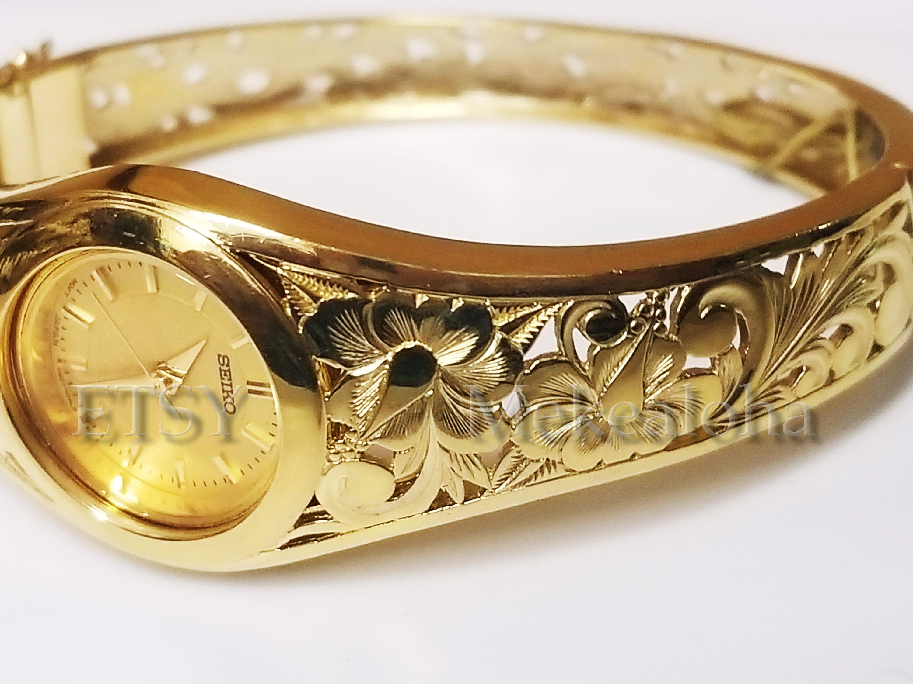 アクセサリー Vintage archive design bangle watch Round 14k Gold Hinge Bangle Watch Hawaiian Hibiscus Flower