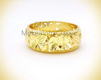 8mm Hawaiian Heirloom Dome Cutout ring 14ky gold  Hibiscus  flowers w Black  Enamel Border or gold edge