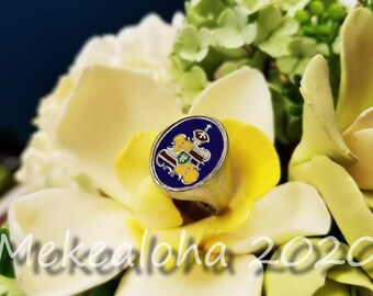 18mm  Oval Blue Trademark Jewelers Hawaii Crest Coat of Arms Custom Enamel Mekealoha 14k gold