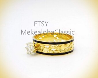 Hawaiian Heirloom 3/4 ct CZ ring 14ky gold cutout design Hibiscus flower ring #5 to #10