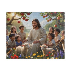 May include: A jigsaw puzzle depicting a central figure with long hair and a beard wearing a beige robe, surrounded by a group of children and several lambs in a grassy orchard filled with apple trees, red apples, and colourful wildflowers.