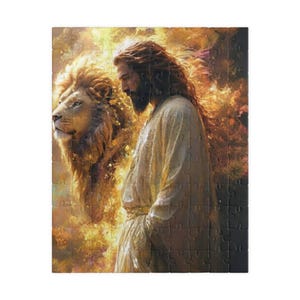 May include: A jigsaw puzzle featuring a digital illustration of a person with long hair and a beard standing beside a large lion. The scene is rendered in warm, glowing golden and orange tones with a textured, ethereal light effect throughout.