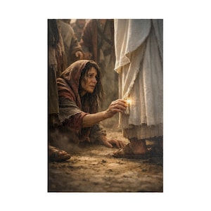 Puede incluir: Una impresión de arte mural vertical que representa a una persona con una prenda con capucha en tonos tierra arrodillada sobre un suelo polvoriento, extendiendo la mano para tocar el dobladillo de una túnica blanca larga de otra figura.