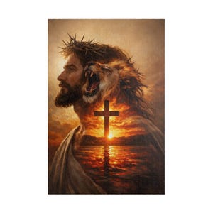 Op de afbeelding: Een verticale wandkunstprint met een zijaanzicht van een bebaarde figuur met een doornenkroon, gelaagd met een brullende leeuw. Een donker kruis staat voor een levendige zonsondergang boven water en versmelt met het silhouet van de figuur.