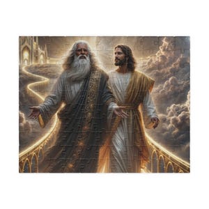 Könnte beinhalten: Ein Puzzle, das zwei Gestalten in Gewändern auf einer leuchtenden Brücke zeigt, die zu einem fernen Palast führt. Eine Figur hat einen langen weißen Bart und dunkle Gewänder, die andere schulterlanges Haar und ein goldverziertes weißes Gewand.