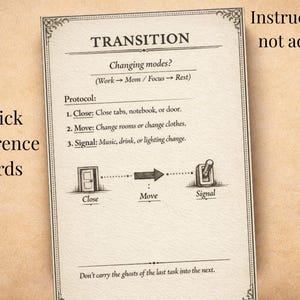 Può includere: Una scheda di riferimento rapida con il titolo "TRANSITION" e le istruzioni per cambiare modalità. La scheda include un protocollo con passaggi per chiudere, spostare e segnalare un cambiamento. Il testo recita "Instructions, not advice."