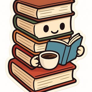 May include: A stack of books with a smiling face, holding a small blue book and a cup of coffee. The books are various colors, including red, green, and orange. A cute illustration for book lovers.