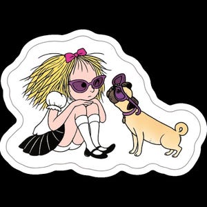 May include: A sticker featuring a cartoon illustration of a girl and a pug dog, both wearing purple sunglasses. The girl has blonde hair and is wearing a white top, black skirt, and black shoes. The pug is tan with a purple collar.