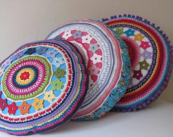 Round Crochet Pillow Cover with Flowers, PDF-Pattern