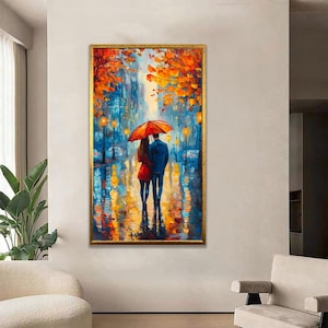 Couple Walking in Rain Wall Art, Autumn Umbrella Canvas Print, Romantic Love Decor