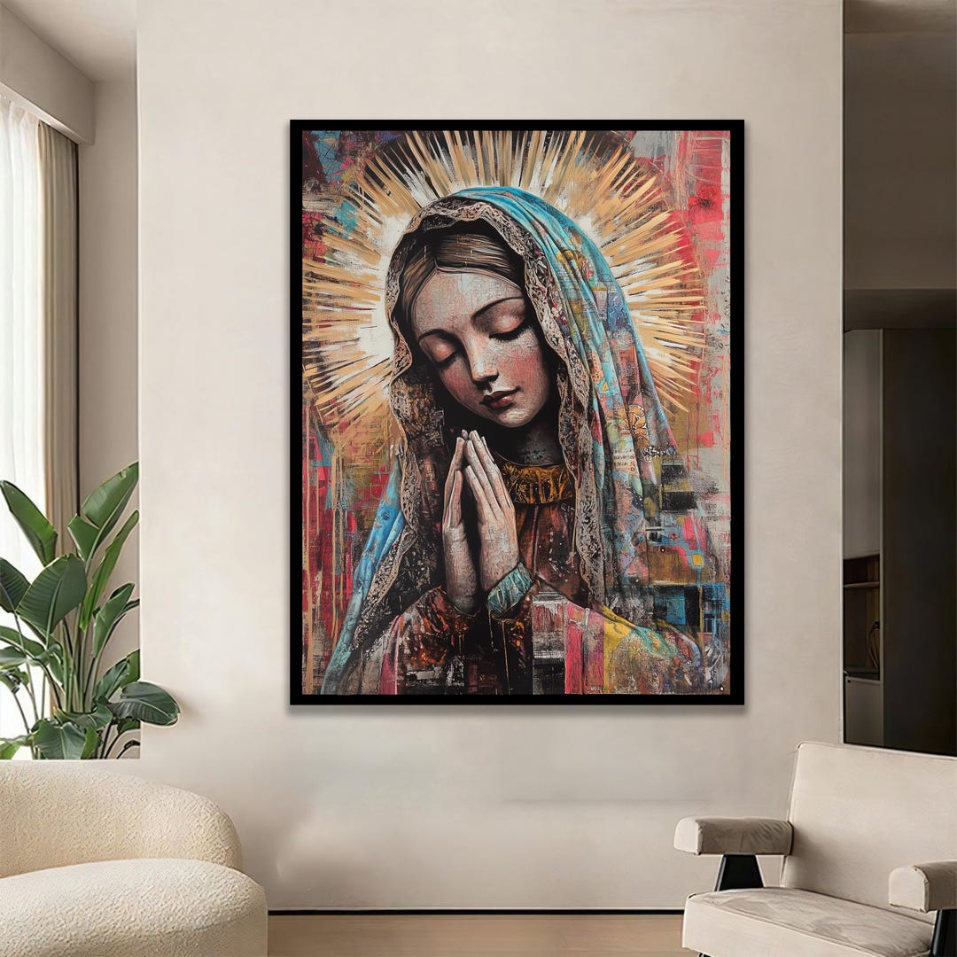 Sacred Madonna Wall Art – Praying Virgin Mary Canvas With Golden Halo ...
