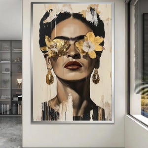 Retrato de mujer con ojos de flor dorada y labios rojos intensos, arte de belleza afro