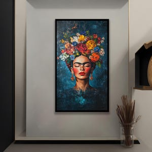 Frau mit Blumenkrone Wandbild, bunte Blumenporträt-Leinwand, elegantes weibliches Dekor