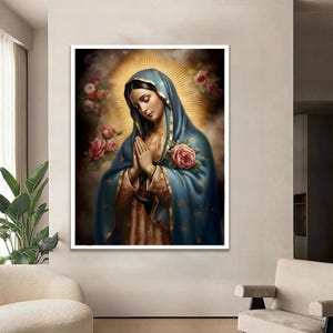 Virgin Mary with Rose Wall Art, Holy Mary Canvas Print, Religious Christian Home Decor