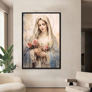 Holy Mary with Rose Wall Art, Virgin Mary Canvas Print, Religious Christian Home Decor