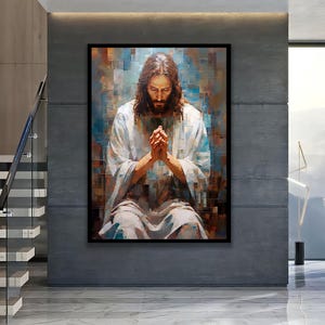 Portrait de Jésus en prière - Art mural religieux, décoration d&#39;intérieur chrétienne, peinture sur toile spirituelle