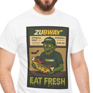 Zombie Eat Fresh Shirt - Funny Halloween Subway Parody Tee - Horror Zombie Food Graphic Shirt