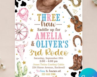 Editable Cowboy Cowgirl Invitation - Twins Three Haw Invite - Third Rodeo Invitation - Wild West - Twins 3rd Rodeo Birthday - Canva 4x6 5x7
