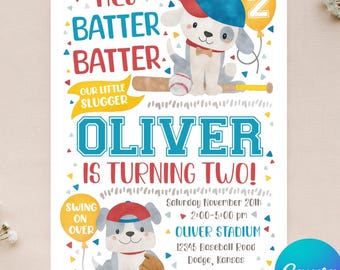 Editable Baseball Invitation - Dog Baseball Invitation - Our Little Slugger - Baseball Birthday - Instant Download - Canva - 4x6 5x7